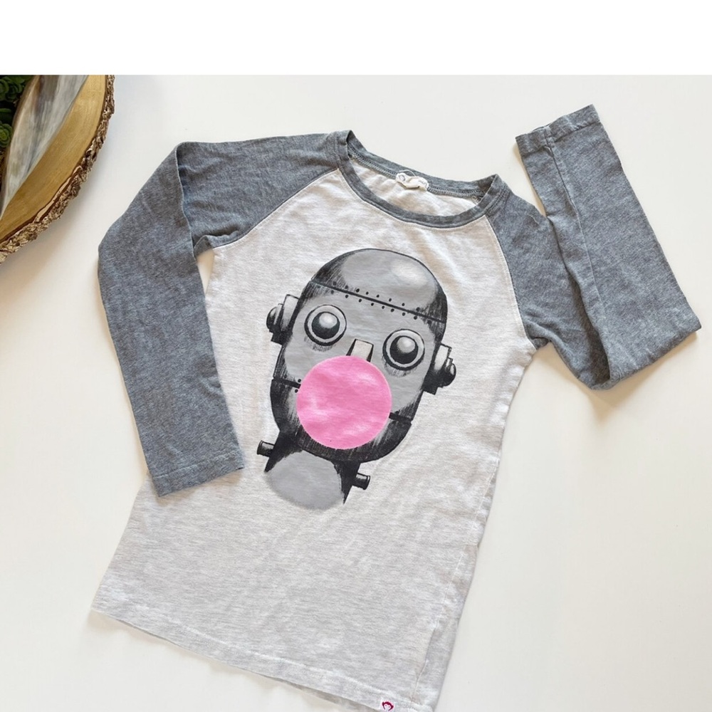 Appaman Gray and White Long Sleeve Tee with Bubblegum Pink Robot Design